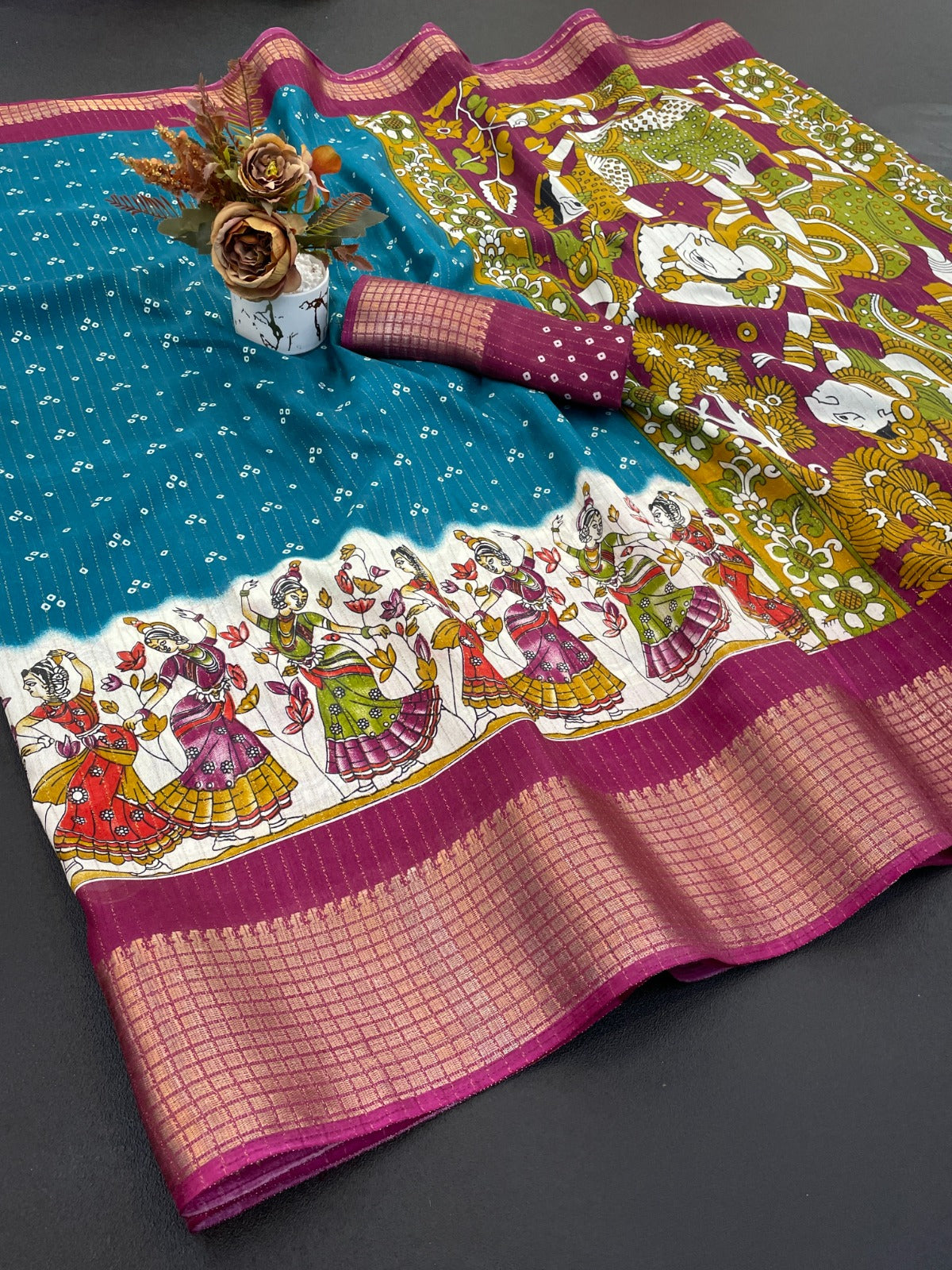 Traditional Printed Saree with Folk Dance Border & Artistic Mythological Pallu-firozi