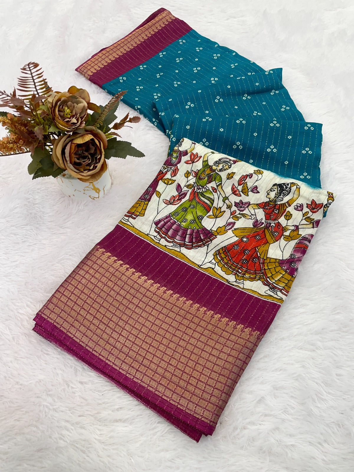 Traditional Printed Saree with Folk Dance Border & Artistic Mythological Pallu-firozi