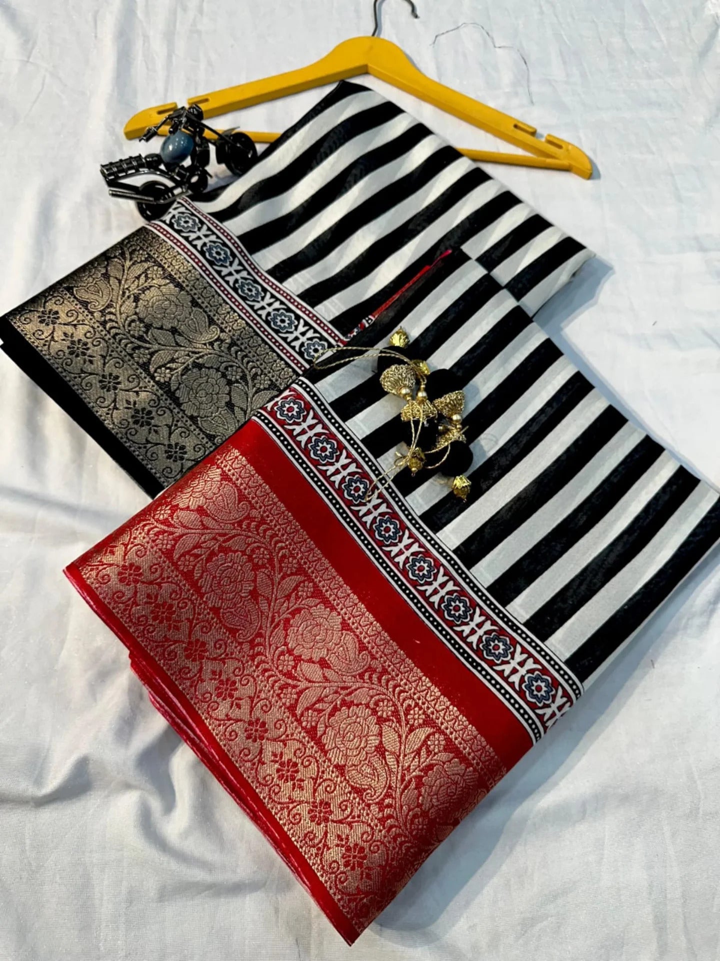 Ajrakh Printed Dola Silk Saree With jacquard border and blouse piece-RED