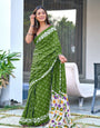 Soft Cotton Printed Ready-to-Wear Saree in Olive Green with Floral Pallu | 2-Minute Draping Saree
