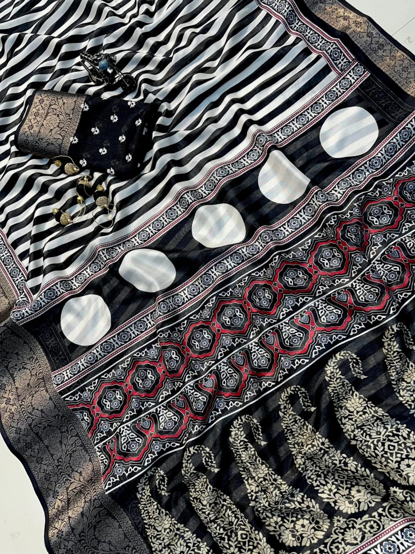 Ajrakh Printed Dola Silk Saree With jacquard border and blouse piece-black