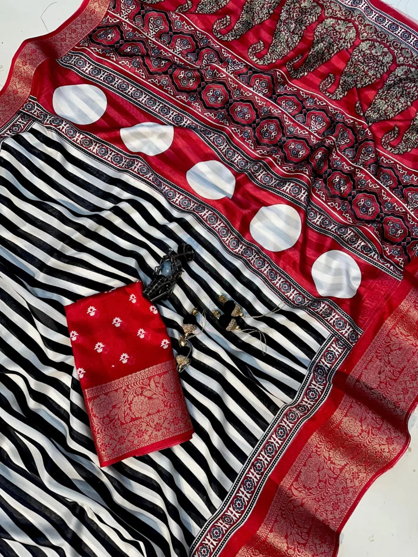 Ajrakh Printed Dola Silk Saree With jacquard border and blouse piece-RED