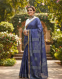 Maslin Cotton Saree with Heavy Zari Border | Hand Block Printed Natural Dye Saree-navy