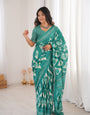 Premium Printed Soft Cotton Saree with Traditional Motifs & Contrast Border -N3-Tealgreen