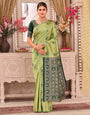 Pista Soft Silk Woven Banarasi Saree with Traditional Motifs & Rich Contrast Pallu