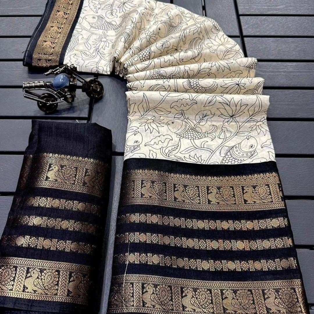 Kalamkari Printed Dola Silk Saree With jacquard border and blouse piece-whiteblack