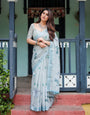 Sky Blue Floral Printed Cotton Linen Saree – Perfect for Office & Daily Wear