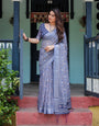 Soft Cotton Linen Saree in Dusty Blue with Intricate Floral & Geometric Weave – Comfortable Office & Daily Wear