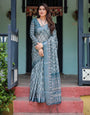 Soft Cotton Teal-Blue Linen Saree with Elegant Ethnic Motifs – Comfortable Office & Daily Wear