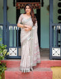 Soft Grey Cotton Linen Printed Saree with Pink Motif Detailing For Office Wear And Daily Wear