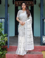 Elegant White Cotton Linen Printed Saree with Minimal Stripes – Perfect for Office & Daily Wear