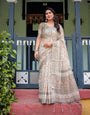 Premium Cotton Linen Printed Saree with Earthy Beige Tones & Geometric Border