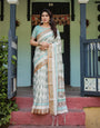 Premium Cotton Linen Printed Saree with Pastel Aqua & Beige Tones