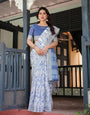 Premium Cotton Linen Printed Saree with Elegant Border With Blouse Piece -gg740