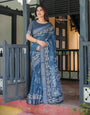 Premium Blue Printed Cotton Linen Saree – Elegant Office Wear with Subtle Floral Print-gg753