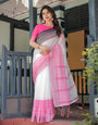 Premium Printed Cotton Linen Saree for Office Wear – White & Pink with Elegant Woven Border