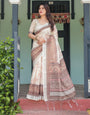 Premium Printed Cotton Linen Saree – Soft Beige & Brown Elegance for Office Wear
