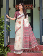 Premium Cotton Linen Printed Saree with Elegant Border With Blouse Piece -gg737