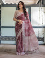 Premium Cotton Linen Printed Saree with Elegant Border With Blouse Piece -gg748