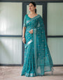 Premium Teal Green Cotton Linen Printed Saree for Office & Daily Wear