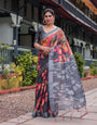 Premium Grey Floral Printed Cotton Linen Saree with Contemporary Elegance