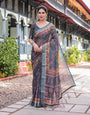 Premium Floral Vine Printed Cotton Linen Saree with Elegant Border & Tassels