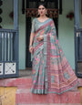 Premium Cotton Linen Printed Saree with Elegant Border With Blouse Piece -gg751