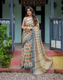Printed Cotton Linen Saree for Daily & Office Wear – Mustard Base with Indigo & Coral Floral Print
