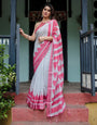 Light Grey & Pink Printed Cotton Linen Saree with Contemporary Geometric Border – Elegant Daily Wear