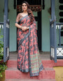 Printed Cotton Linen Saree for Daily & Office Wear – Earthy Brown with Coral Motifs and Comfort Fit