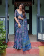 Indigo Blue Floral Printed Cotton Linen Saree with Geometric Border – Elegant Daily & Office Wear