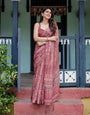 Dusty Rose Printed Cotton Linen Saree with Woven Zari Border