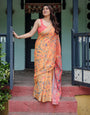 Peach & Mustard Printed Cotton Linen Saree with Woven Zari Border