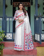 White Cotton Linen Printed Saree with Geometric Border – Elegant Daily & Office Wear Saree