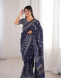 Premium Indigo Blue Printed Soft Cotton Saree with Elegant Border & Unstitched Blouse
