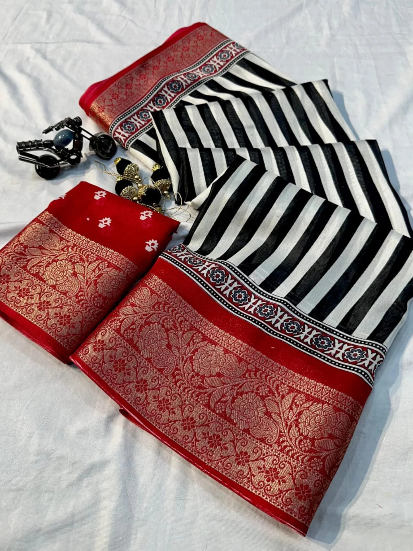 Ajrakh Printed Dola Silk Saree With jacquard border and blouse piece-RED