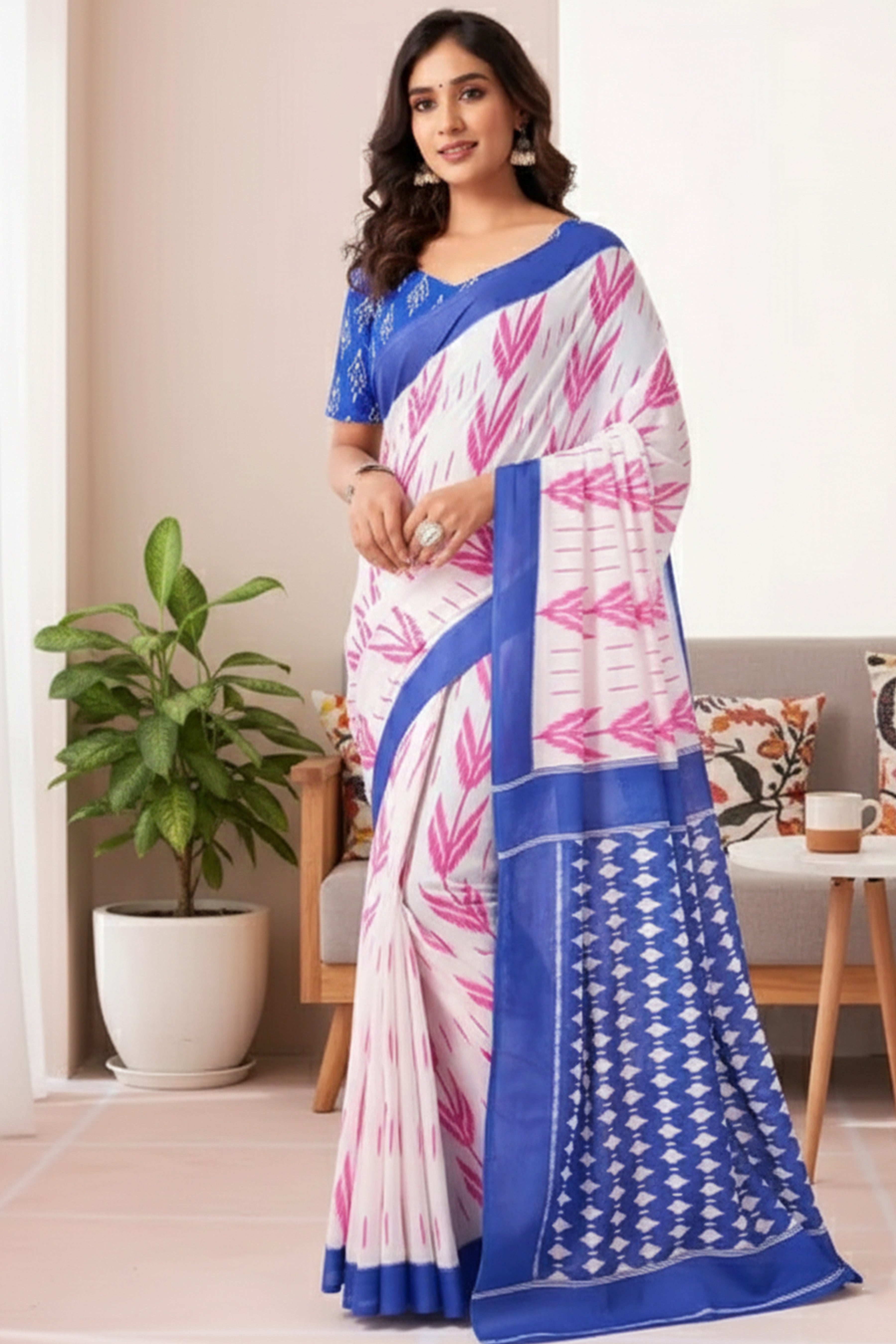 Printed Soft Cotton Saree with Ikkat-Style Pallu & Elegant Designer Border