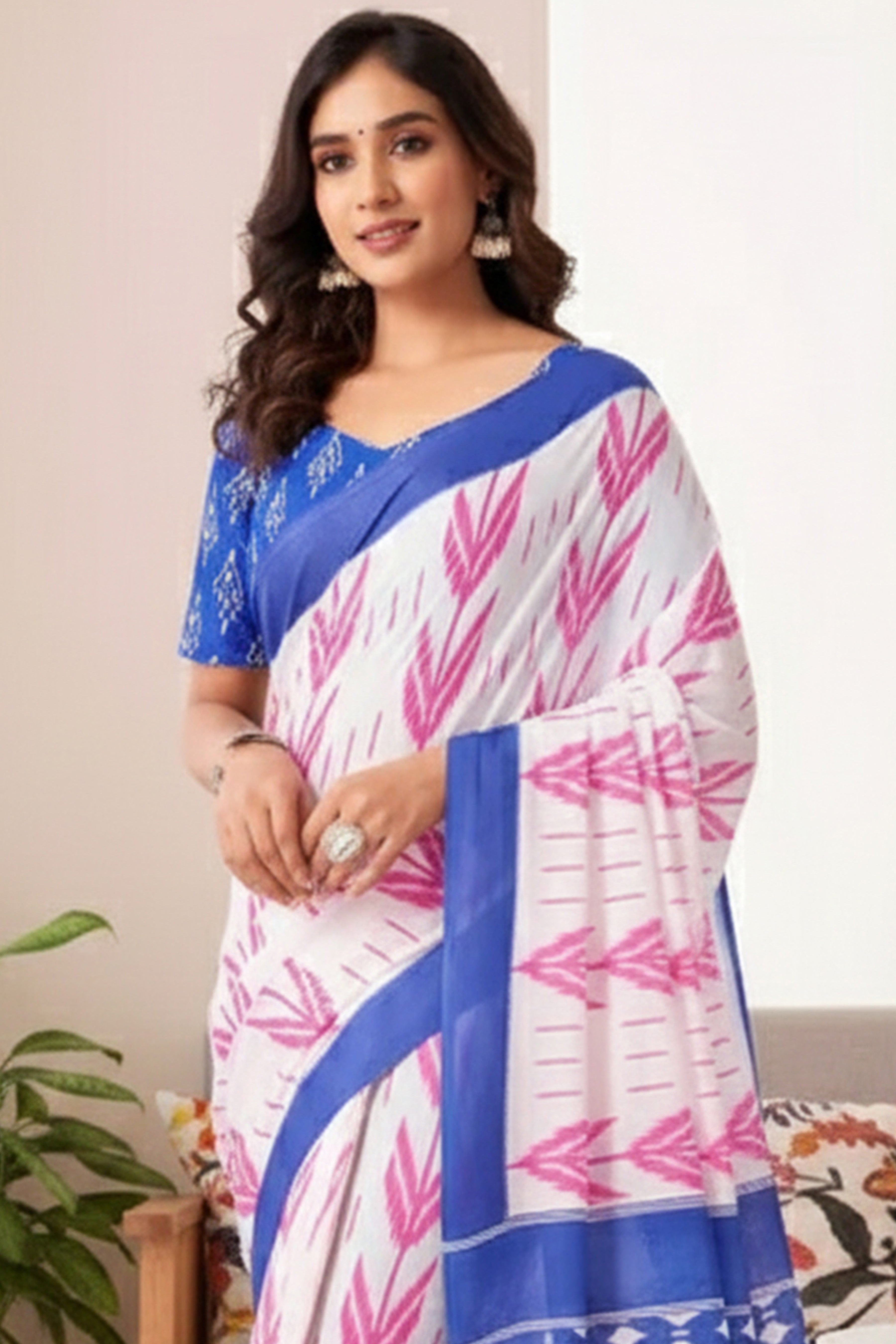Printed Soft Cotton Saree with Ikkat-Style Pallu & Elegant Designer Border