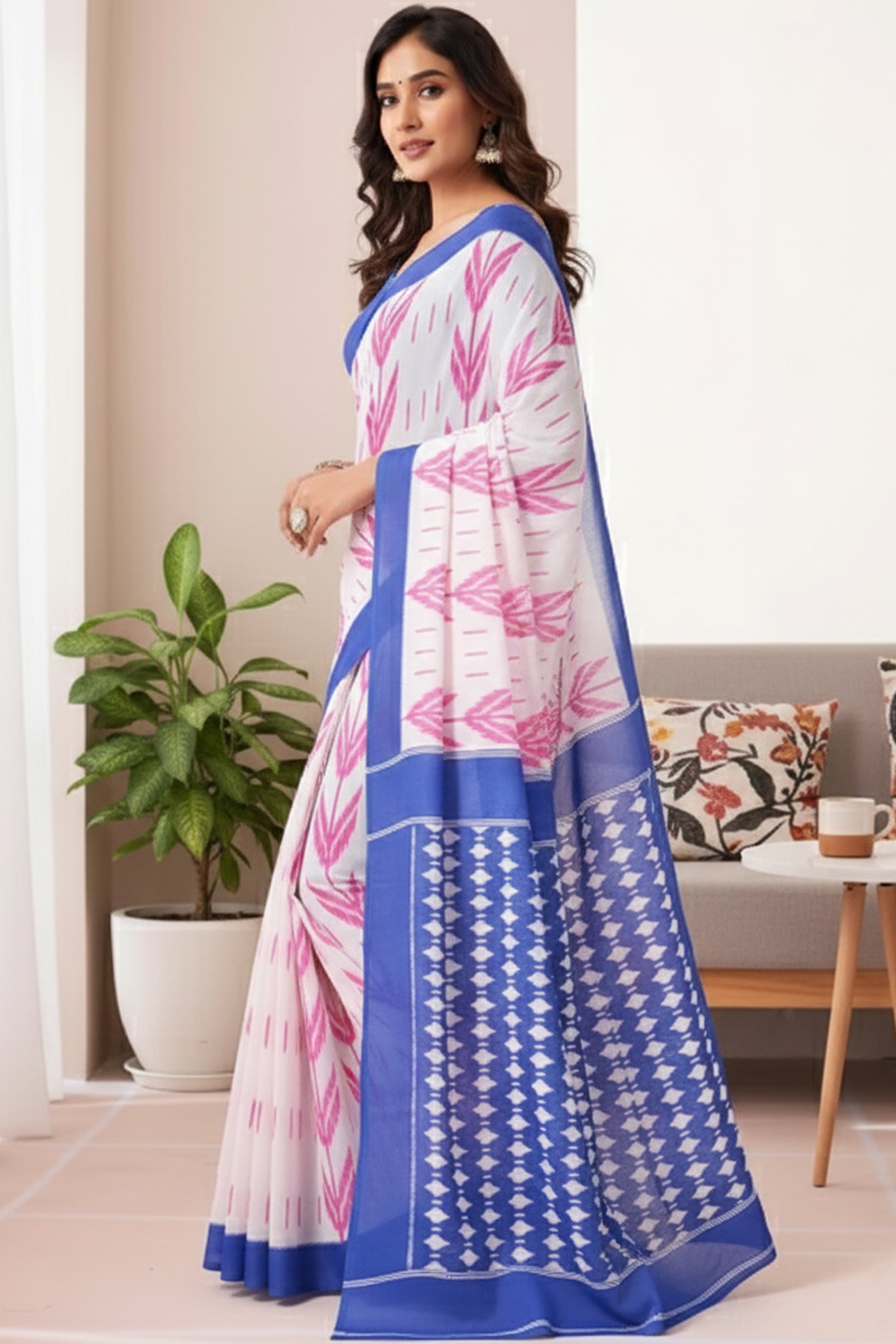 Printed Soft Cotton Saree with Ikkat-Style Pallu & Elegant Designer Border