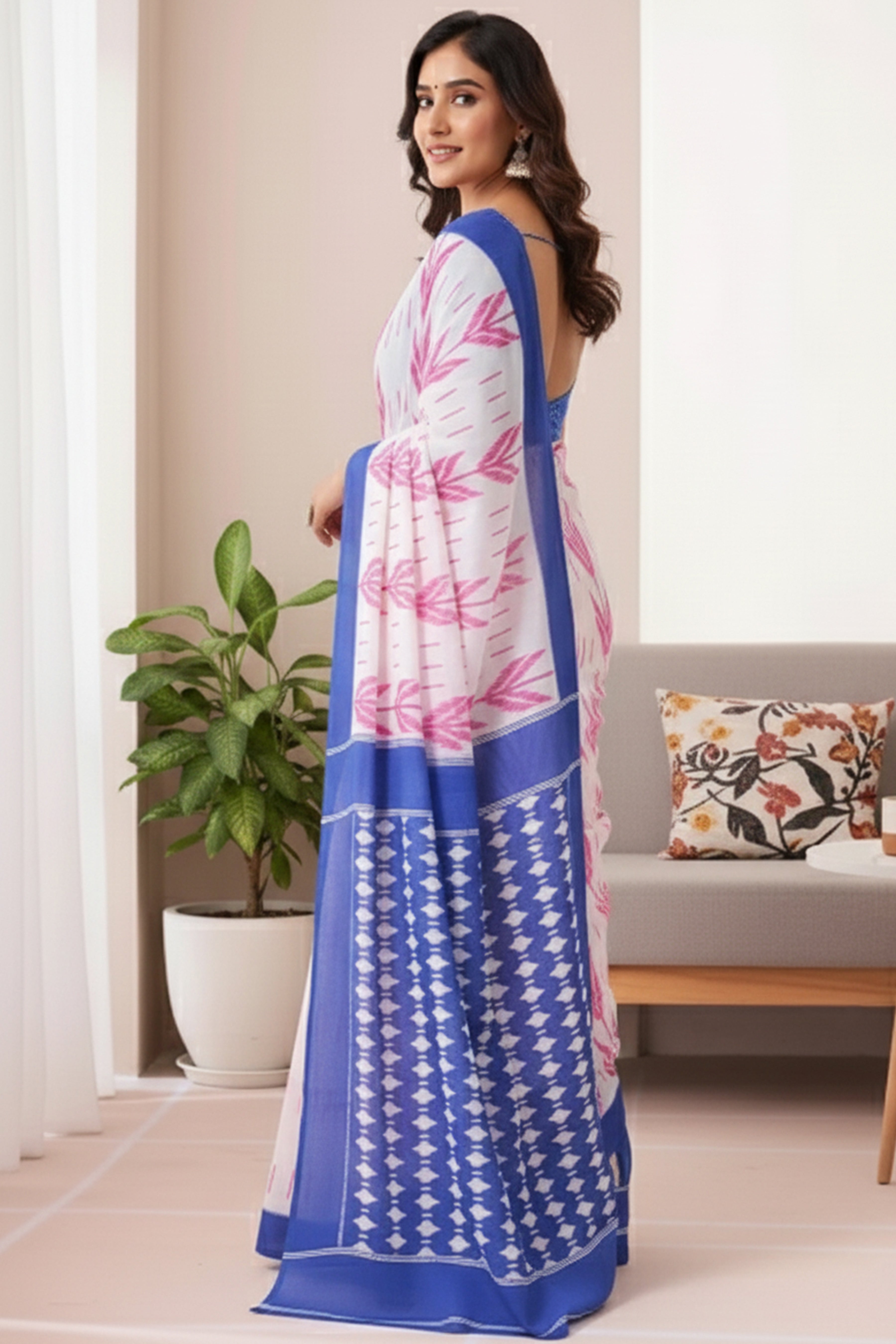Printed Soft Cotton Saree with Ikkat-Style Pallu & Elegant Designer Border