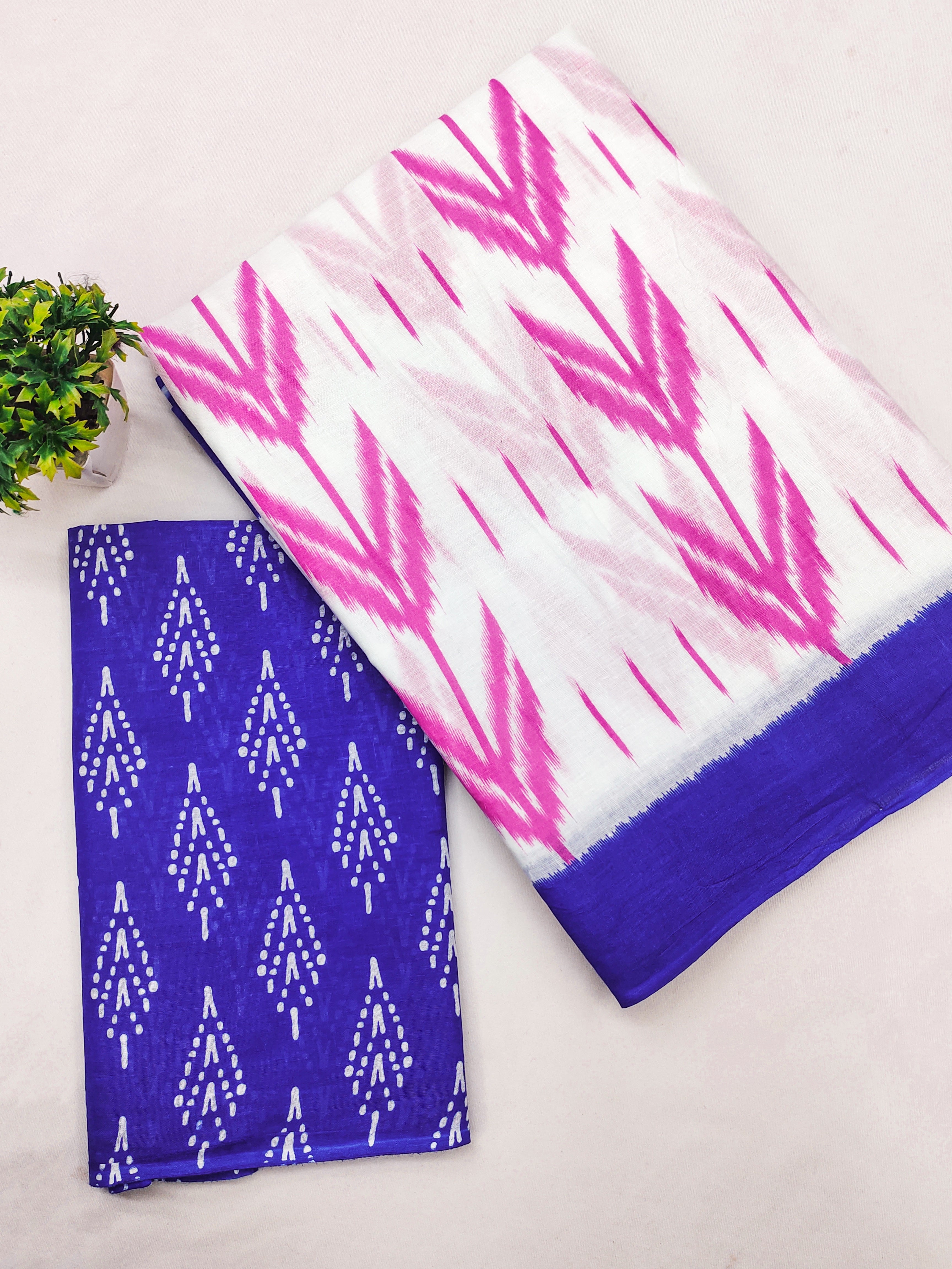 Printed Soft Cotton Saree with Ikkat-Style Pallu & Elegant Designer Border