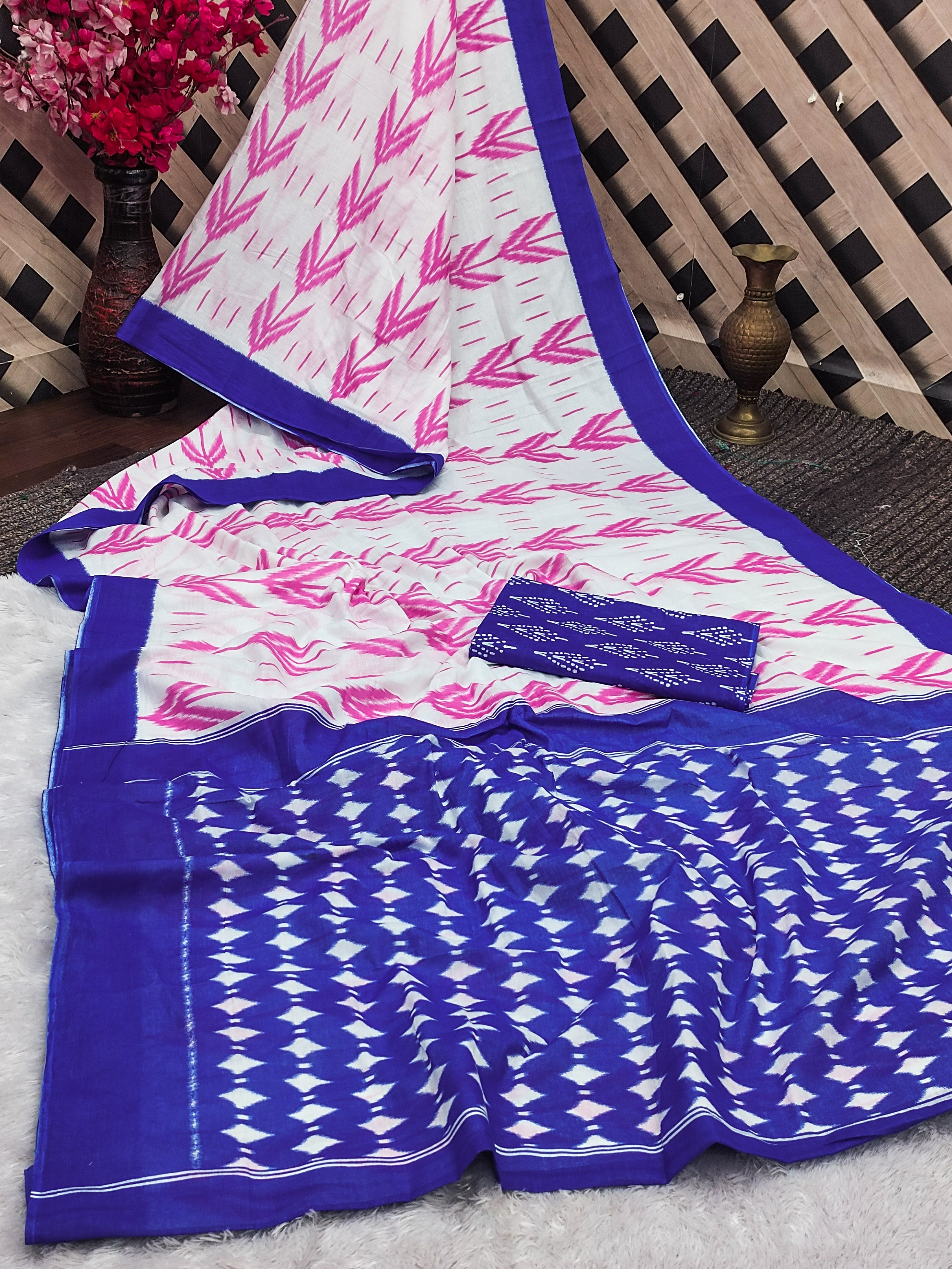 Printed Soft Cotton Saree with Ikkat-Style Pallu & Elegant Designer Border