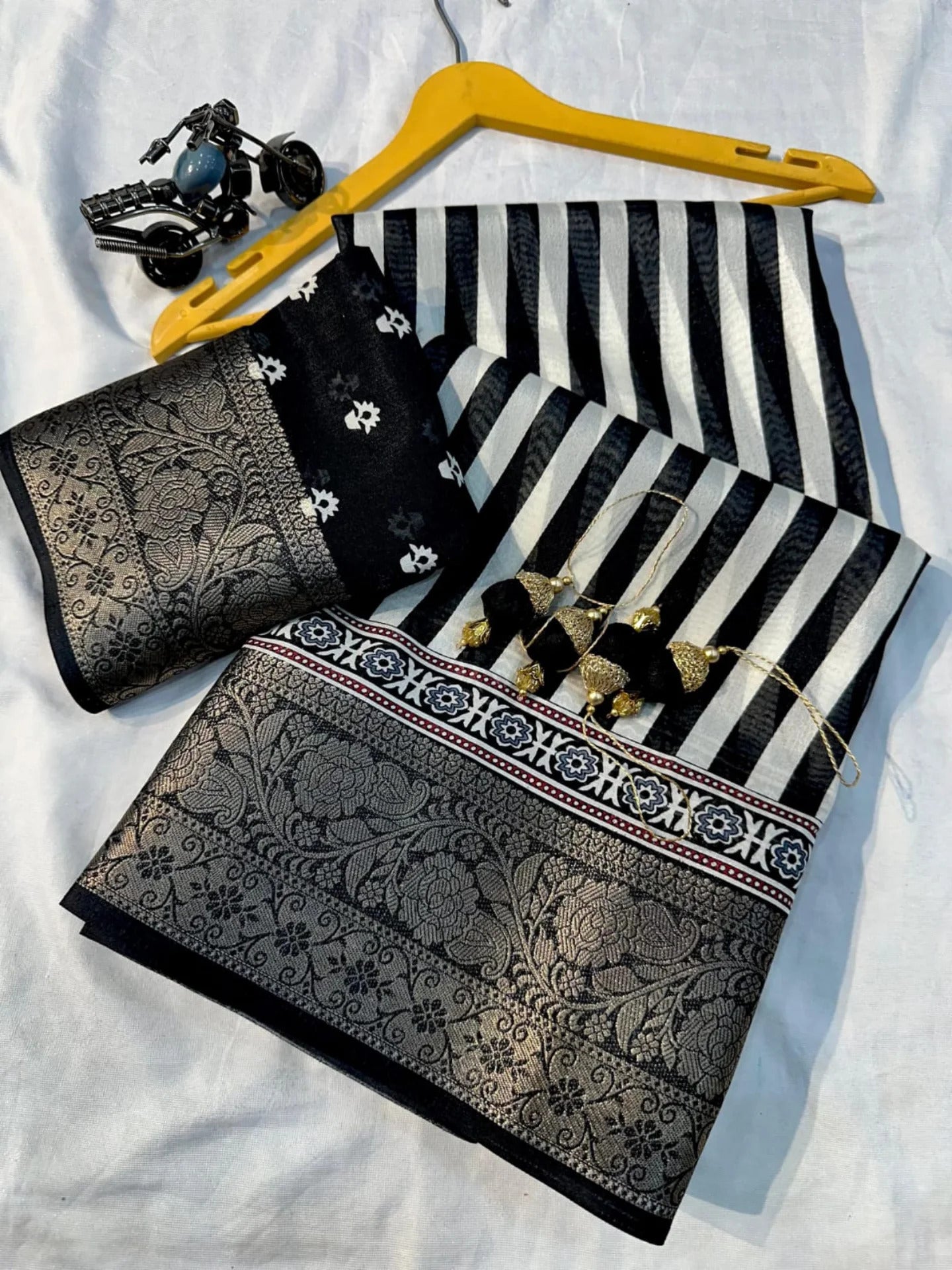 Ajrakh Printed Dola Silk Saree With jacquard border and blouse piece-black