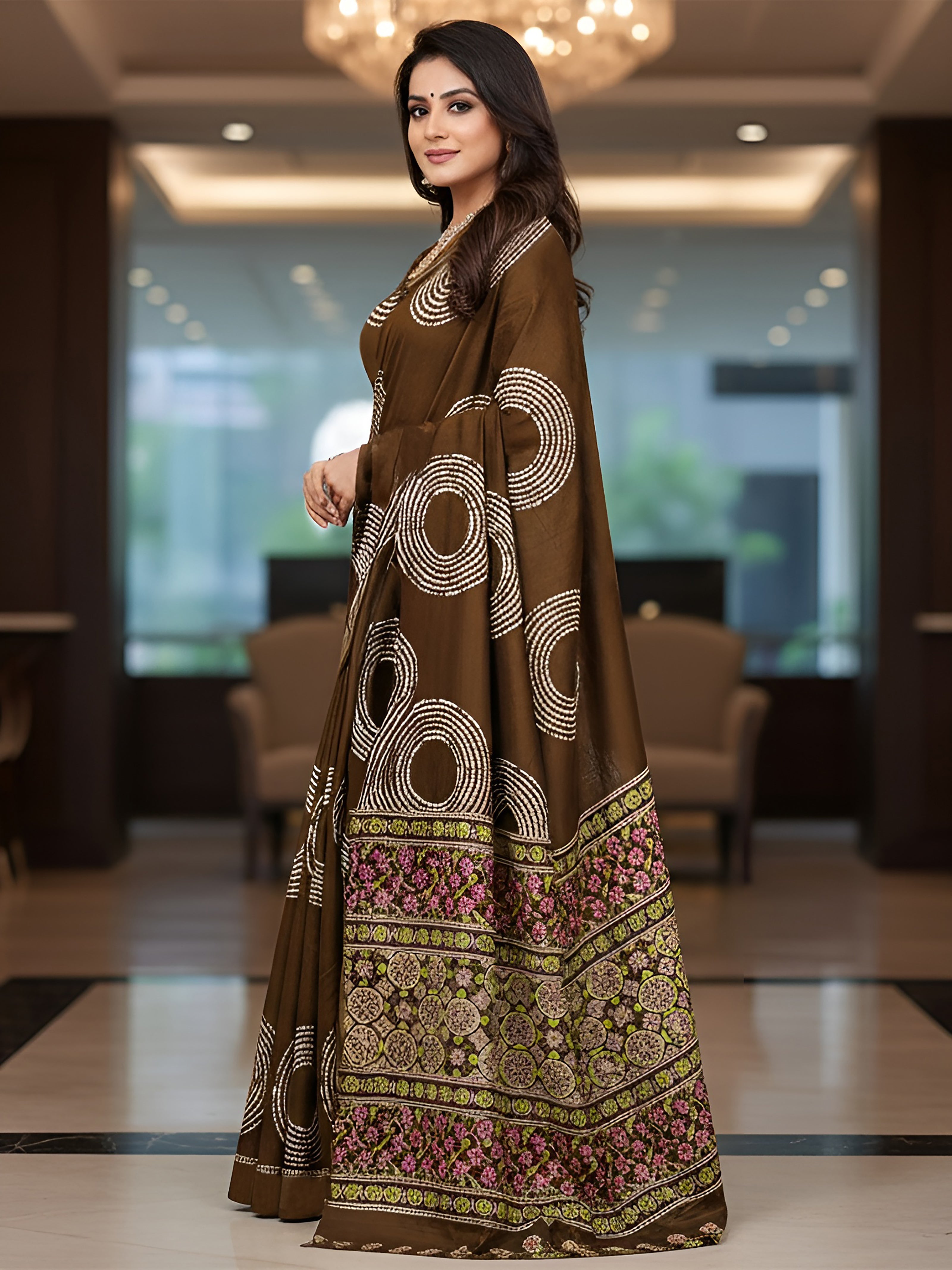 Soft Cotton Printed Saree with Bandhani Circles & Floral Designer Pallu