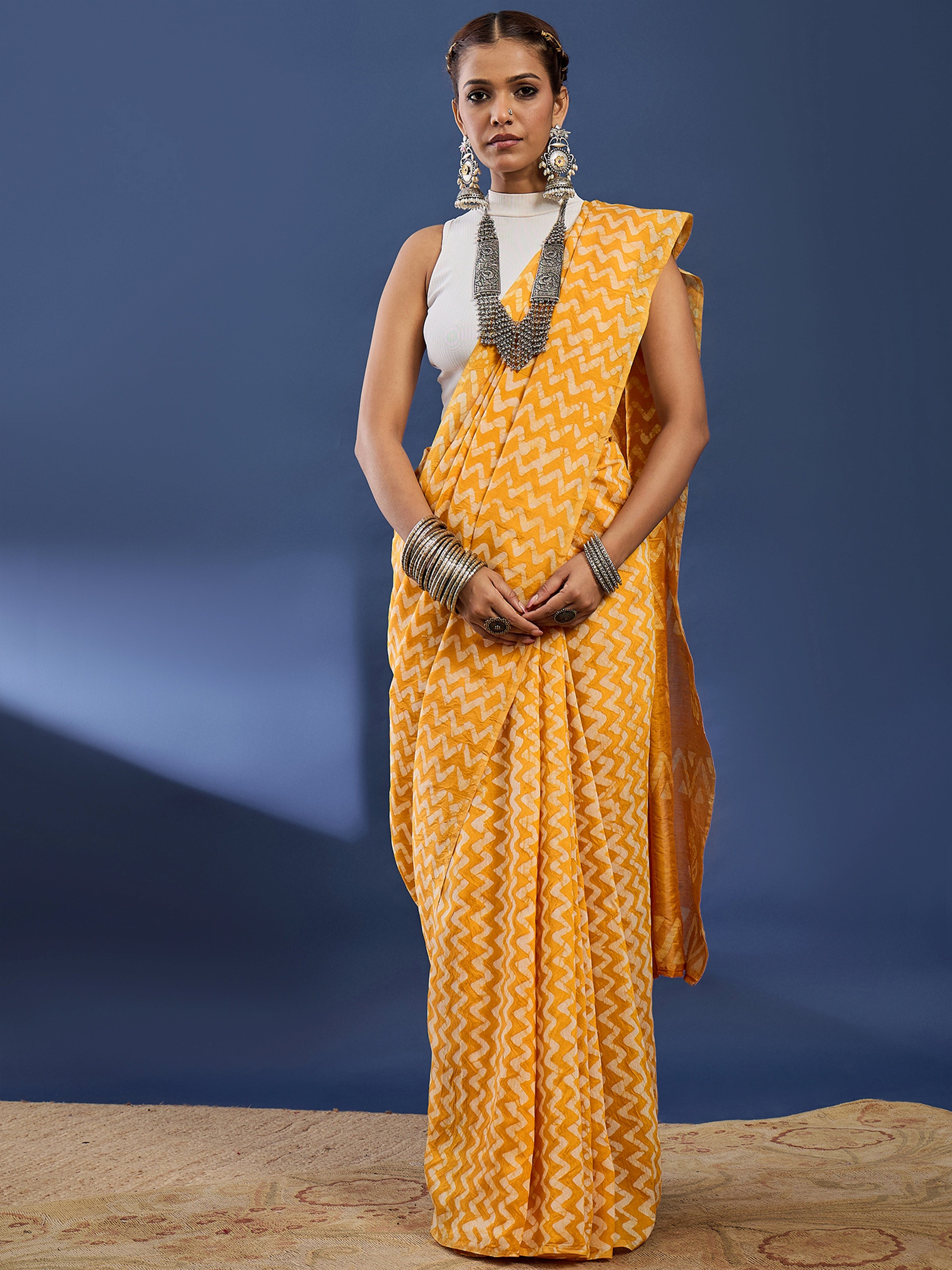 Traditional Original Wex Batik Chanderi Cotton Silk Saree -yellow