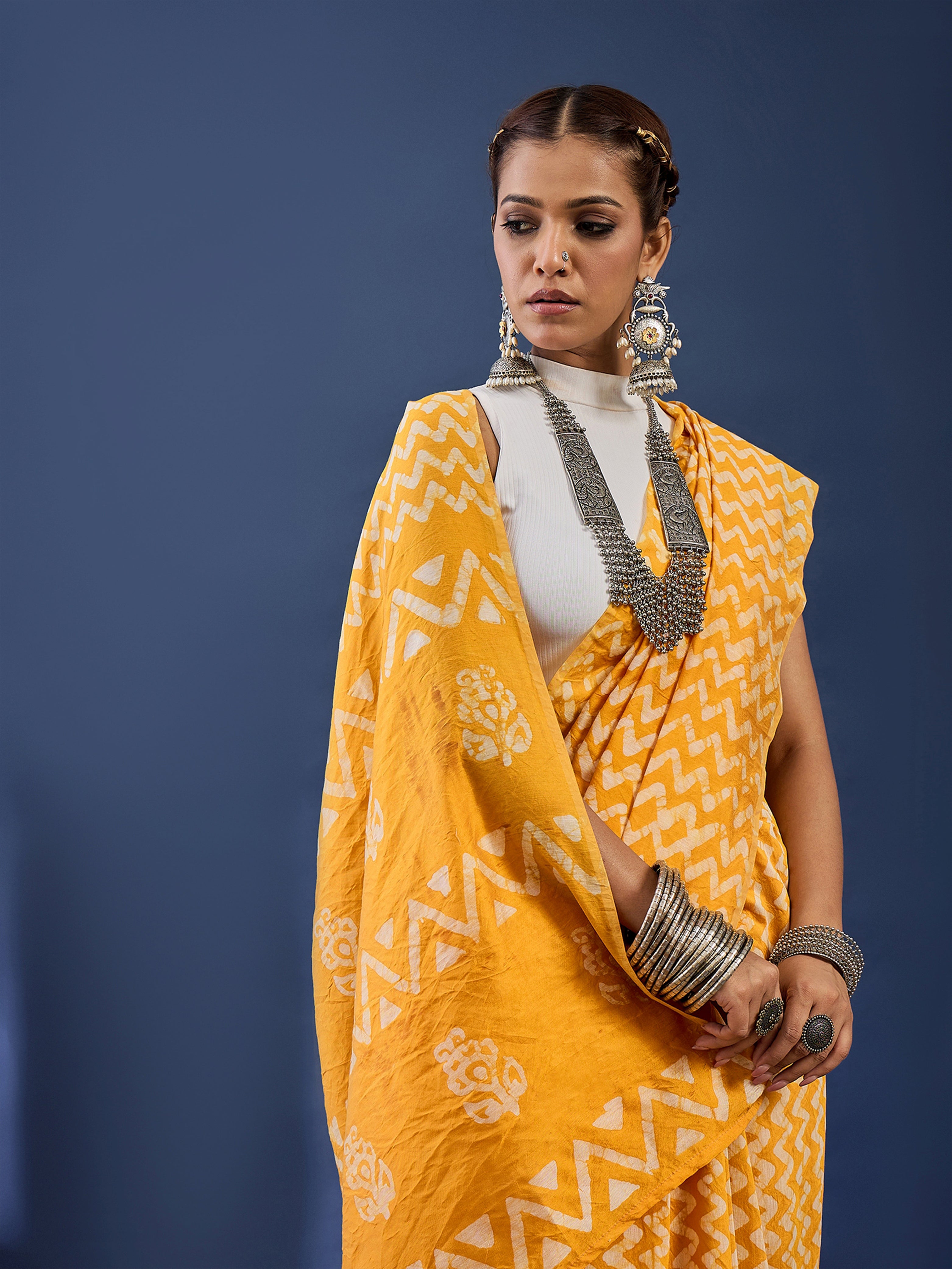 Traditional Original Wex Batik Chanderi Cotton Silk Saree -yellow