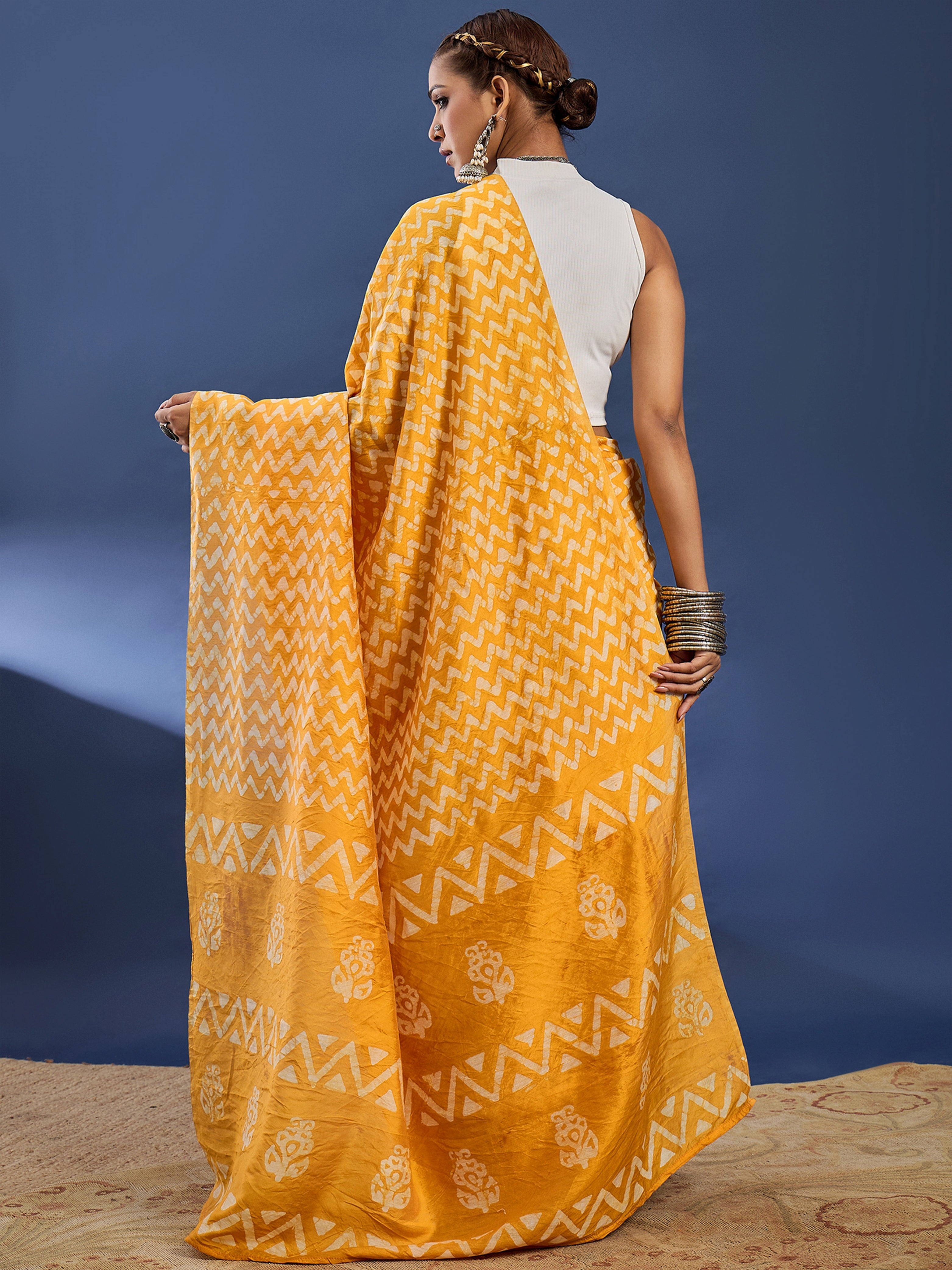 Traditional Original Wex Batik Chanderi Cotton Silk Saree -yellow