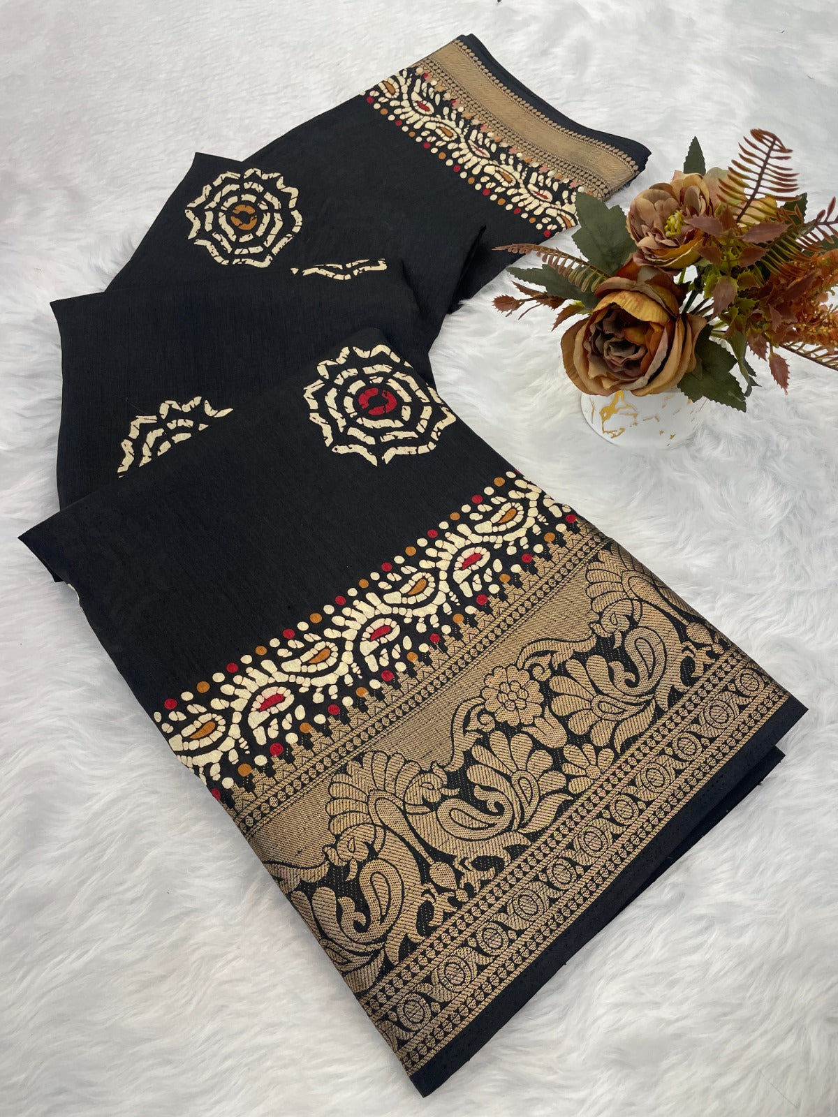 Black Printed Dola Silk Saree With jacquard border and blouse piece