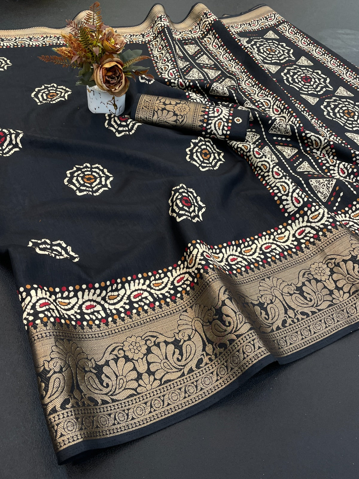 Black Printed Dola Silk Saree With jacquard border and blouse piece