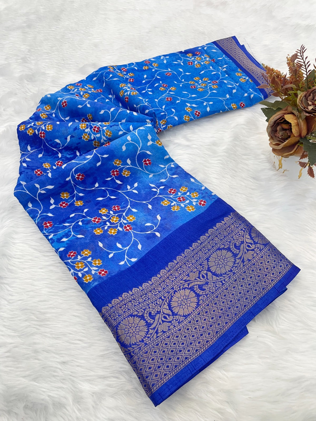 IndigoBlue Printed Dola Silk Saree With jacquard work and blouse piece